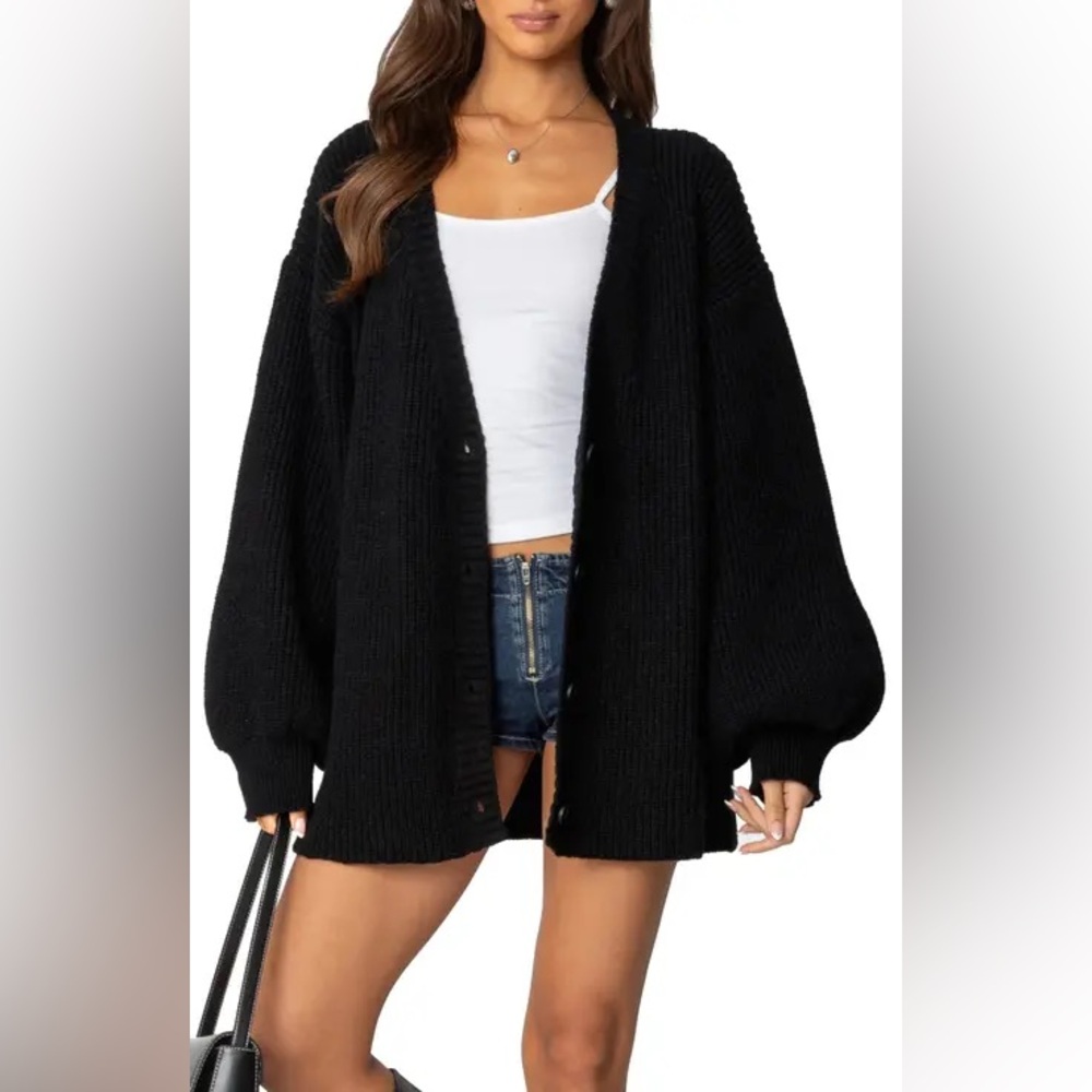 Edikted Black Oversized Button-Front Knit Cardigan